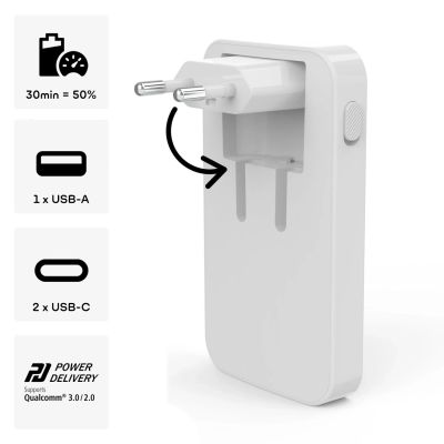 11. Hama GaN Charger 65W 2x USB-C 1x USB-A Foldable - White