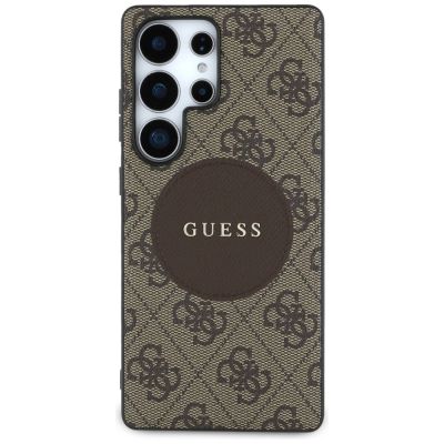 3. Guess 4G Round Patch Classic Logo MagSafe Case for Samsung Galaxy S25 Ultra Brown