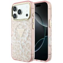 Guess IML Leopard Glitter Triangle Logo MagSafe Case for iPhone 17 Pro Max / 18 Pro Max - Pink