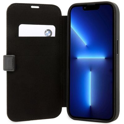 6. Case BMW BMBKP14L22RVSK iPhone 14 Pro 6.1" black/black bookcase Leather Stamp Blue Lines