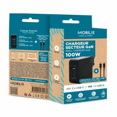 7. Mobilis Charger 100W 2USB C 1USBA GaN cable 100W Laptop, Smartphone, Tablet Black Alternating Current Internal