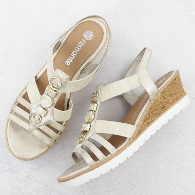 3. Women's wedge sandals with elastic bands, gold, Remonte R6264-91