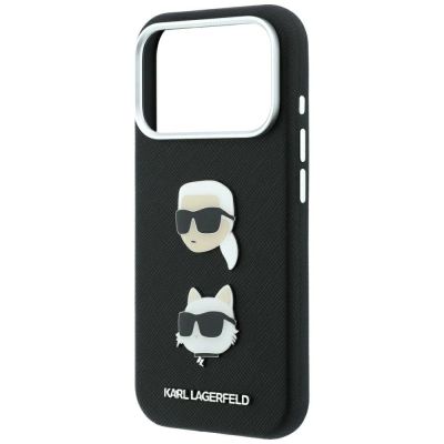 6. Karl Lagerfeld Saffiano Case with Karl & Choupette Heads Pins & Logo for iPhone 18 Pro / 17 Pro - Black