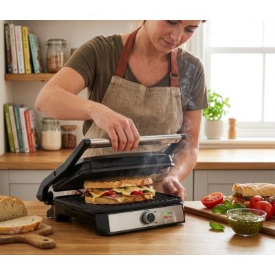 9. ELDOM CONTACT GRILL GK200 2000W, TEMPERATURE CONTROL, TWO FAT CONTAINERS, PLATES WITH NON-STICK COATING