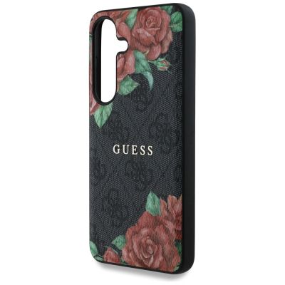 6. Guess Leather 4G Flowers Print Metal Classic Logo MagSafe Case for Samsung Galaxy S25 - Black