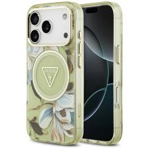 Guess IML Glitter Flowers Triangle MagSafe Case for iPhone 17 Pro Max - Green