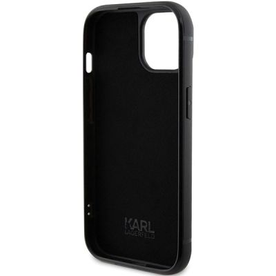 7. Karl Lagerfeld Rhinestone Logo Metal Plate case for iPhone 15 - black