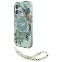 Guess IML Flowers With Pearl Strap MagSafe case for iPhone 16 Plus - green