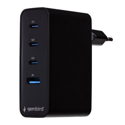2. GEMBIRD 4-PORT FAST GAN (PD) USB MAINS CHARGER (3X USB-A + 1X USB TYPE-C) 100W, BLACK