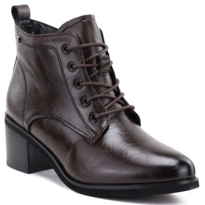Women's leather ankle boots with laces, chocolate, Vinceza EN27-133107