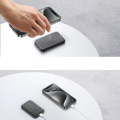 10. Powerbank Joyroom JR-W020 Mini 5000mAh USB-A USB-C inductive 20W - black + USB-C / USB-C cable