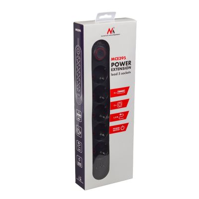 6. MACLEAN POWER STRIP, EXTENSION CORD, 5 OUTLETS + 3XUSB, 110-240V AC 50/60HZ, 2.1A MAX 2500W, 1.5M, BLACK MCE395 B