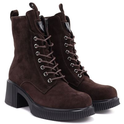 4. Women's leather ankle boots with a block heel and platform, chocolate brown, Vinceza 67009