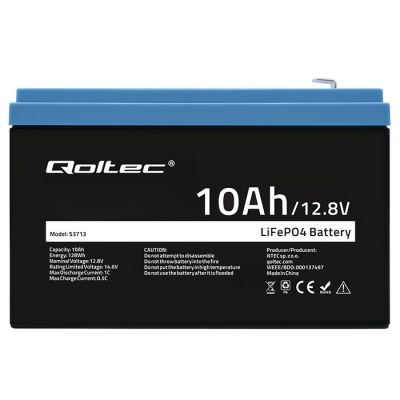 5. Qoltec 53713 LiFePO4 Lithium Iron Phosphate Battery | 12.8V | 10Ah | 128Wh | BMS