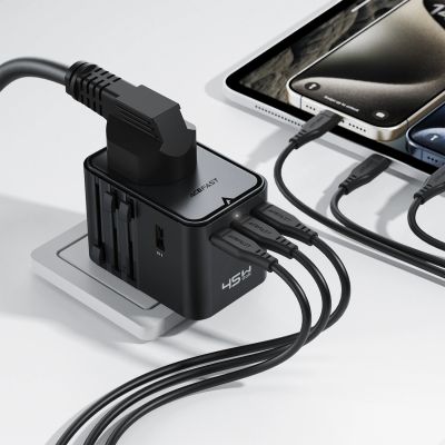 6. Acefast Z8 GaN 45W Travel Adapter 3x USB-C + 2x USB-A Travel Wall Charger with 2500W AC Socket - Black