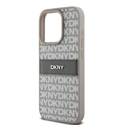 6. DKNY Leather Mono Stripe & Metal Logo case for iPhone 15 Pro Max - beige