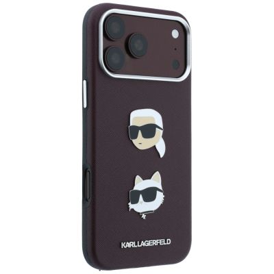 4. Karl Lagerfeld Saffiano with Karl & Choupette Heads Pins & Logo case for iPhone 18 Pro / 17 Pro - burgundy