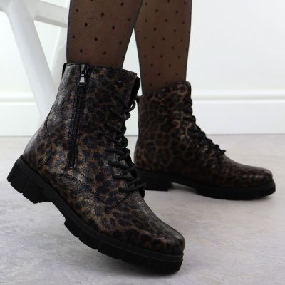 6. Women's brown leopard print worker boots Rieker Remonte D2S72-90