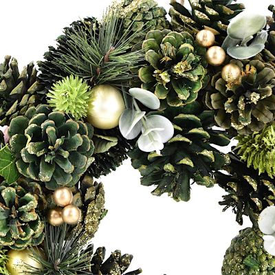 2. Decorative Wreath 34 cm, Green, with Pine Cones and Baubles – Mica Decorations