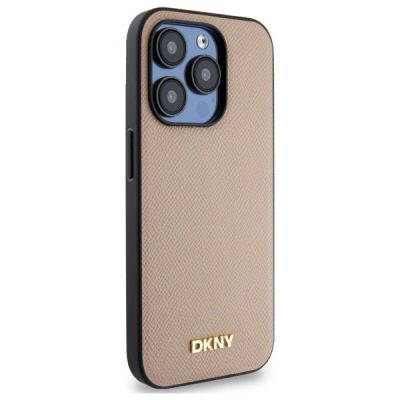 9. DKNY Grained Metal Logo MagSafe iPhone 15 Pro Case - Beige