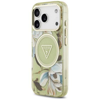 2. Guess IML Glitter Flowers Triangle MagSafe Case for iPhone 17 Pro Max - Green