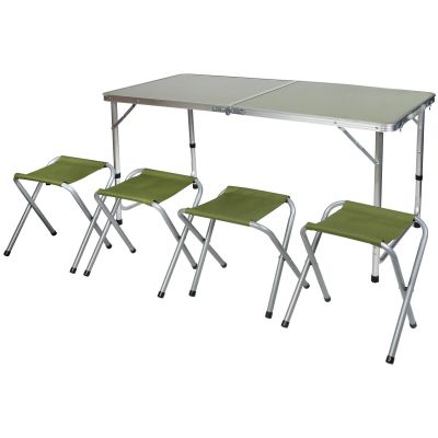 11. FOLDABLE CAMPING TABLE 120X60X70/62/55CM + 4 CHAIRS GREEN