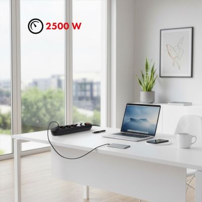 9. MACLEAN POWER STRIP, EXTENSION CORD, 5 OUTLETS + 3XUSB, 110-240V AC 50/60HZ, 2.1A MAX 2500W, 1.5M, BLACK MCE395 B
