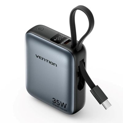 2. Vention 10000mAh 35W PD Power Bank with Built-in USB-C Cable Gray
