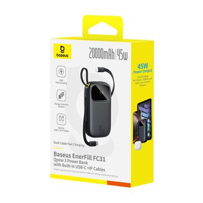 3. Baseus EnerFill FC31 20000mAh 45W Power Bank with Display with USB-C and Lightning Cables - Black