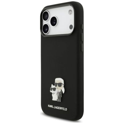 2. Karl Lagerfeld Silicone Karl&Choupette Metal Pin Case for iPhone 18 Pro Max / 17 Pro Max – Black