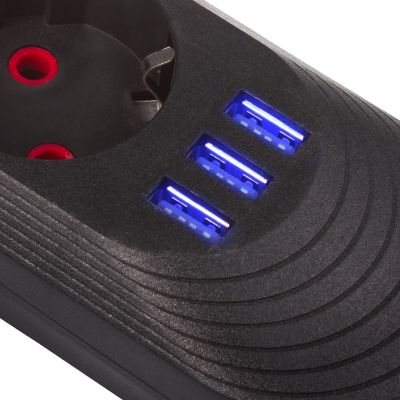 7. MACLEAN POWER STRIP, EXTENSION CORD, 5 OUTLETS + 3XUSB, 110-240V AC 50/60HZ, 2.1A MAX 2500W, 1.5M, BLACK MCE395 B