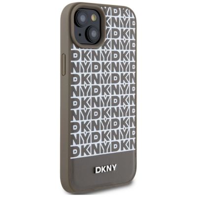 3. DKNY Leather Printed Pattern Metal Logo MagSafe Case for iPhone 15 / 14 / 13 - Brown