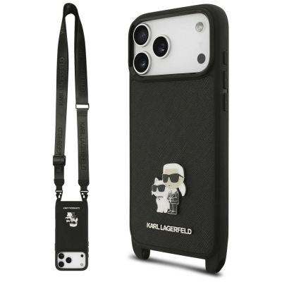 Karl Lagerfeld Saffiano Karl&Choupette Metal Pin CBDY Strap Case for iPhone 18 Pro / 17 Pro - Black