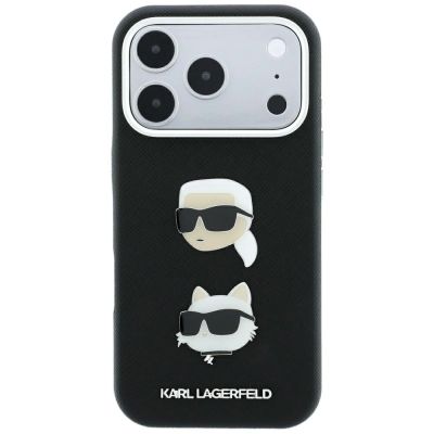 3. Karl Lagerfeld Saffiano Case with Karl & Choupette Heads Pins & Logo for iPhone 18 Pro / 17 Pro - Black