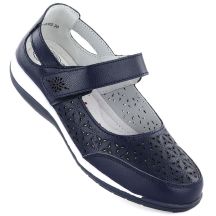 Women's leather openwork shoes with Velcro, navy blue Jezzi 9763