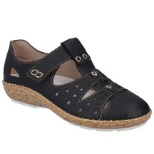 Women's leather openwork shoes, comfortable, with Velcro, black, Rieker 44852-14