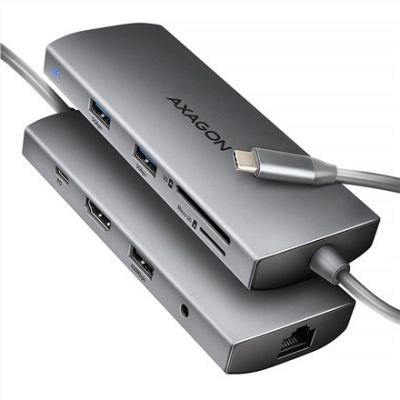 10. AXAGON HMC-8HLSA Multiport Hub USB-C 3.2 Gen 1, 3x USB-A + 4K/60Hz HDMI + SD/microSD, Gigabit LAN, Audio, PD 100W - Silver