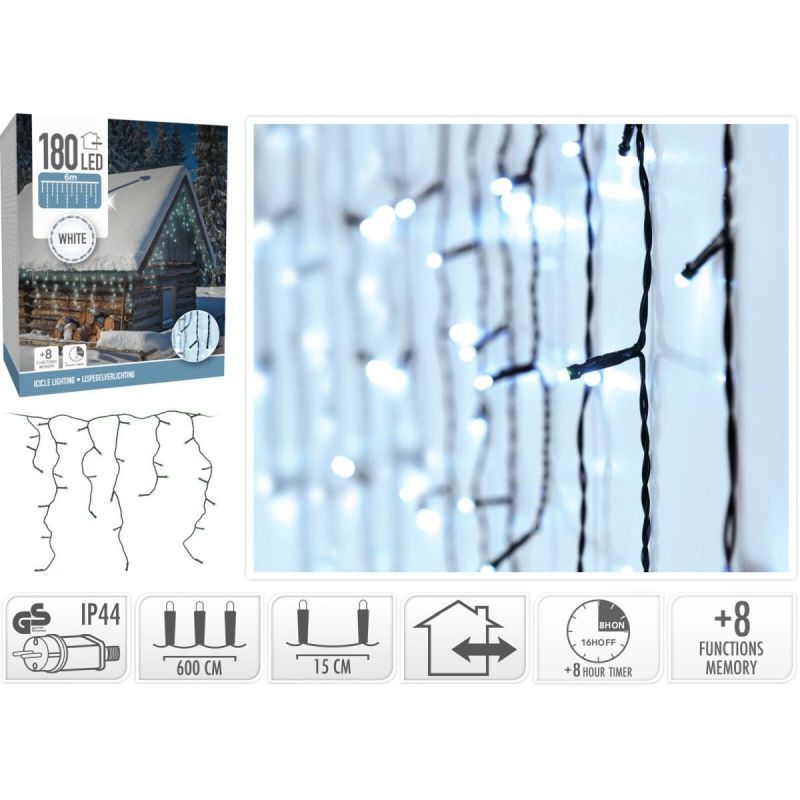 23. CHRISTMAS TREE LIGHTS OUTDOOR LIGHT CURTAIN 180 LED CONTROLLER TIMER COLD WHITE GREEN CABLE