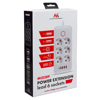 4. MACLEAN POWER STRIP, EXTENSION CORD 6 OUTLETS + 4XUSB, 110-240V AC 50/60HZ, 2.1A MAX 2500W, 1.5M, BLACK MCE389 B