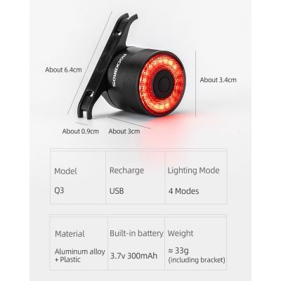 6. Rockbros Q3 Rear Bike Light with Smart Stop System - Black