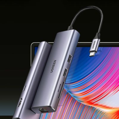 7. Ugreen CM512 90568 USB-C Adapter - 2x USB-A 3.0 / HDMI / RJ45 / SD and TF Card Reader / USB-C PD 100W - Gray