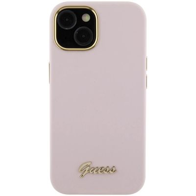 3. Guess Silicone Script Metal Logo & Frame case for iPhone 15 - pink