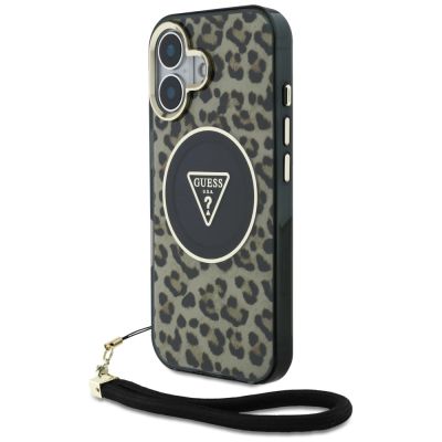 Guess HC IML Leopard Triangle Cord Strap MagSafe iPhone 16 Case - Brown