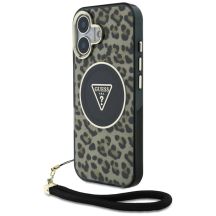 Guess HC IML Leopard Triangle Cord Strap MagSafe iPhone 16 Case - Brown