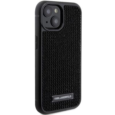 4. Karl Lagerfeld Rhinestone Logo Metal Plate case for iPhone 15 - black