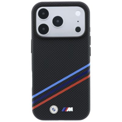 3. BMW M Quadrille Kevlar Print Tricolor Lines & Metal Logo MagSafe Case for iPhone 18 Pro Max / 17 Pro Max - Black