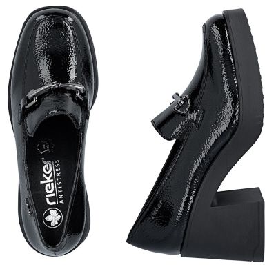 5. Women's patent leather high-heeled loafers, black, Rieker 58051-00