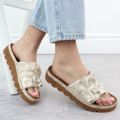5. Women’s gold platform mules with ruffle detail Rieker V8763-60