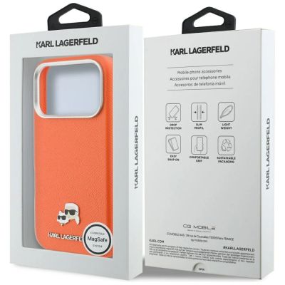 8. Karl Lagerfeld Karl & Choupette Head Pins Saffiano MagSafe Case for iPhone 17 Pro - Orange