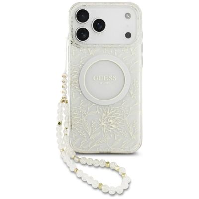 Guess IML Flowers Allover Electroplated with Pearl Strap MagSafe Case for iPhone 18 Pro Max / 17 Pro Max - White